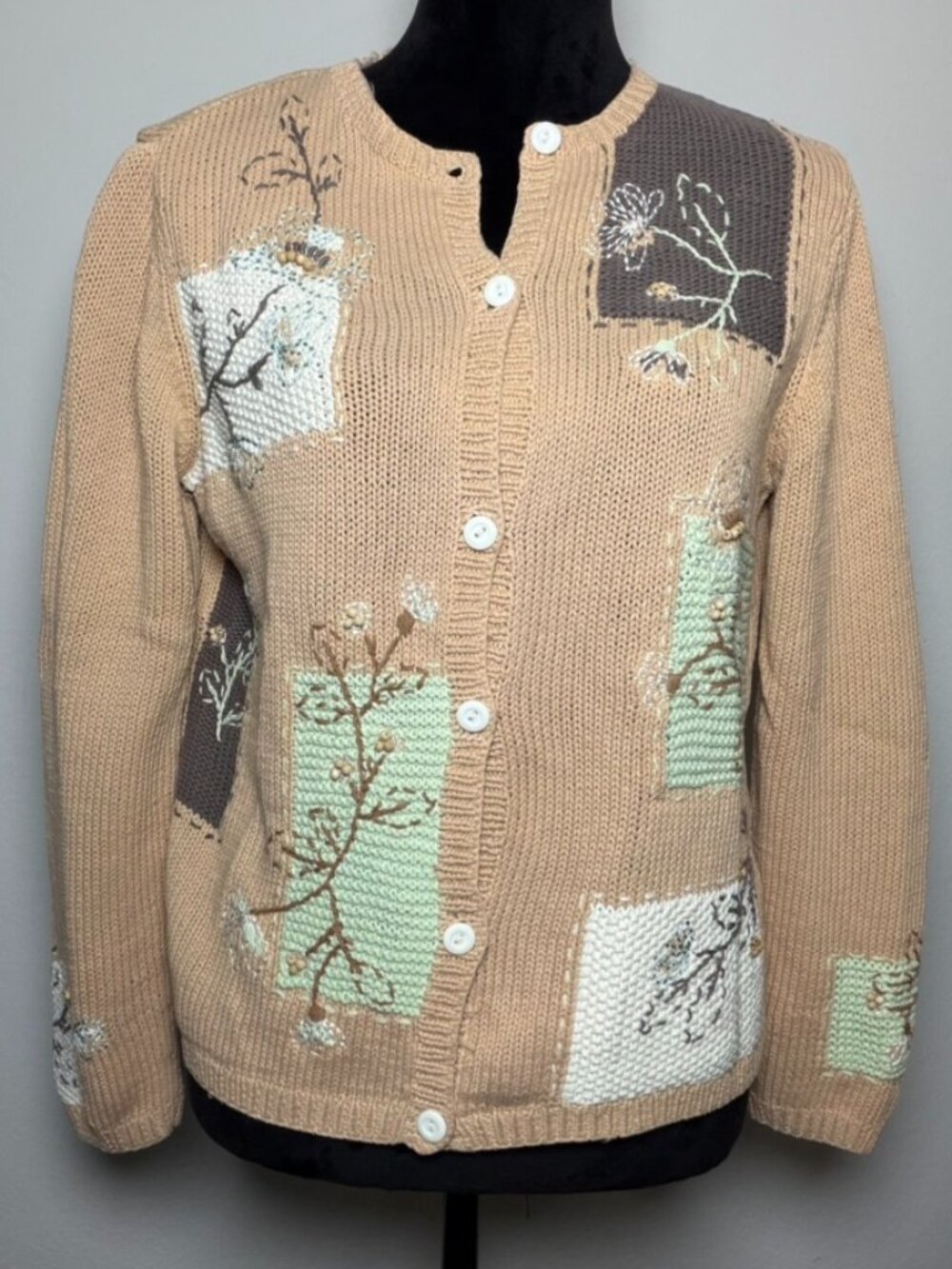 Tess Designs Bermuda M Ramie Cotton Patchwork Embroidered Cardigan Tan - Medium